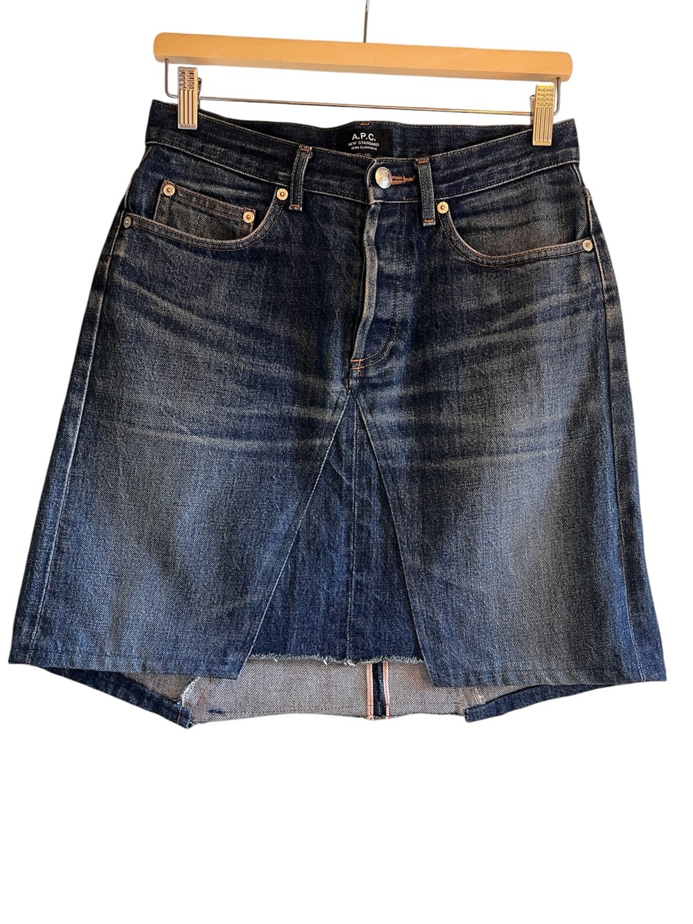 APC reconstructed dark wash a-line denim mini skirt size 29 excellent condition